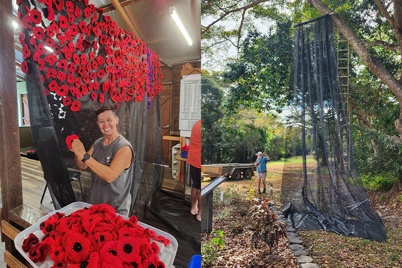 Community volunteer Kerry Doherty attaching the poppies; and Mount Molloy RSL Sub Branch service member Darryl Hobson working out how the waterfall will cascade before all poppies are attached.   