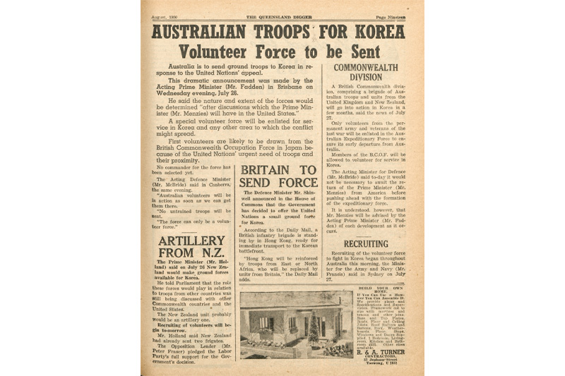 An article in the Edition 8, 1950 of The Queensland Digger about the ground troops to be sent to serve in Korea.