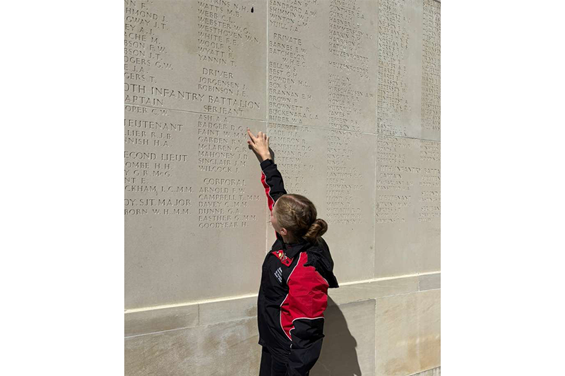 Jessie at Villiers-Bretonneux with Sgt Badger's name
