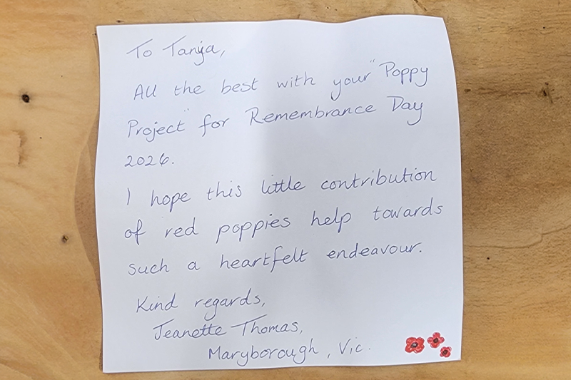 one of the many lovely notes sent in with crocheted poppies.