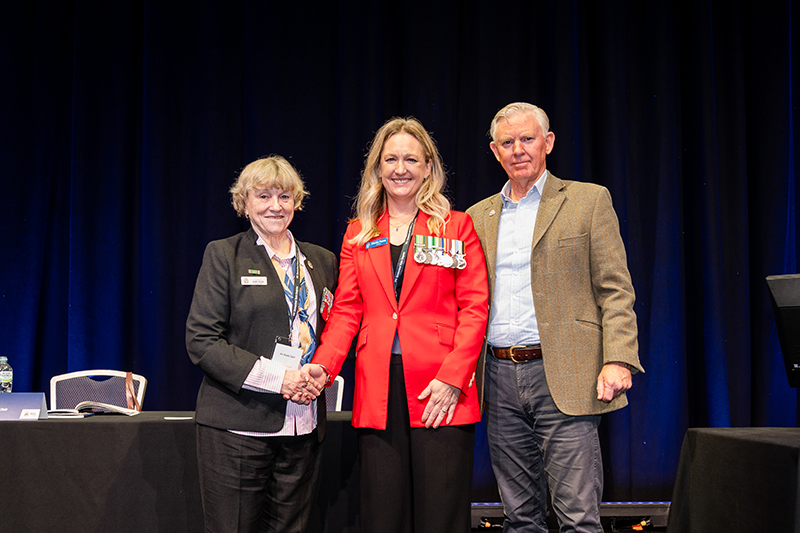 Outgoing State Deputy President Wendy Taylor, incoming State Deputy President Cherisa Pearce and State President MAJGEN Stephen Day DSC AM