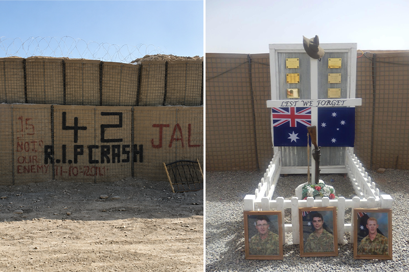 The memorial for Sapper James Martin, Lance Corporal Stjepan Milosevic, and Private Robert Poate at Forward Operating Base (FOB) Fenty in Jalalabad, Afghanistan