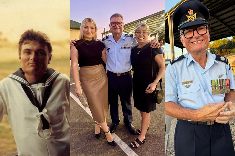 Andy during his time in the Navy, 1982; Andy with his daughter, Paris, and wife, Lindy; Andy in 2025.