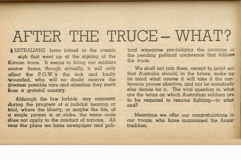 An article in Edition 9, 1953 of The Queensland Digger about signing of the Korean truce.