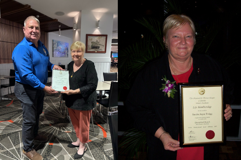Sandra received the 30 Year Continuous Service Certificate by RSL North Queensland District President, Garry Player after receiving Life Membership in 2007