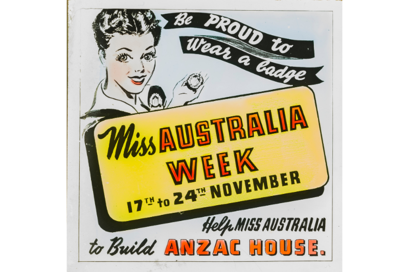 A glass slide used to advertise the Miss Australia Quest in cinemas across Queensland during 1945