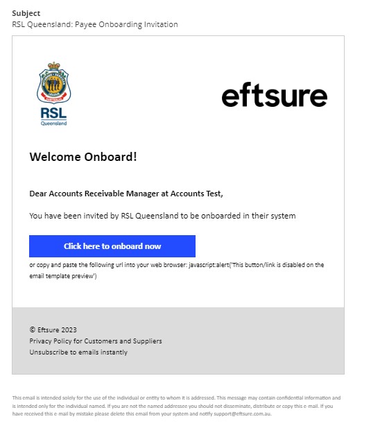 Eftsure vendor sign-on invitation