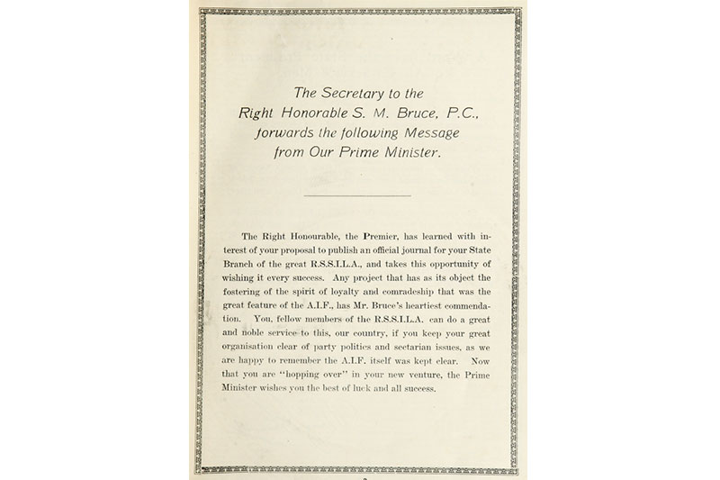 Letter from Prime Minister Stanley Bruce to RSL Queensland