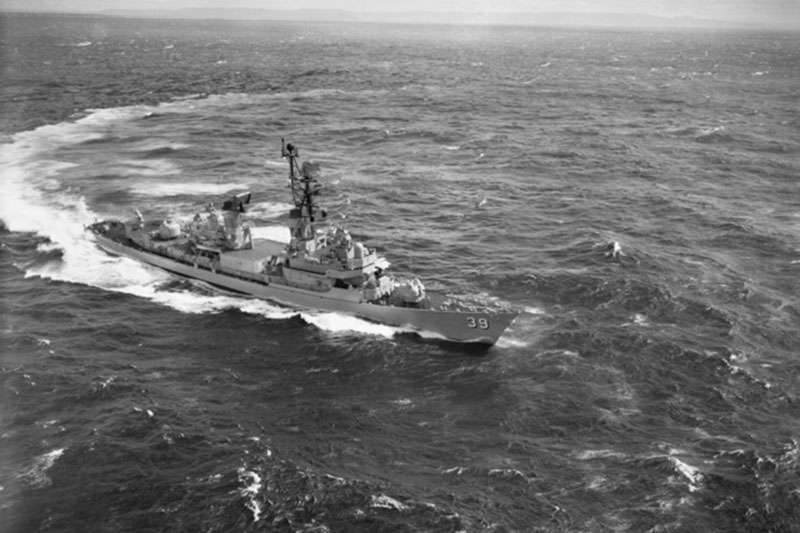 Aerial view of Royal Australian Navy HMAS Hobart in 1969