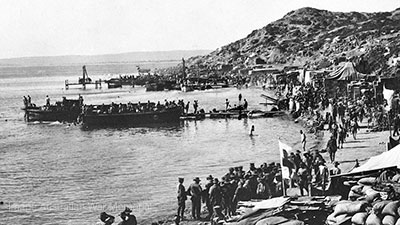 Historical black and white photograph of soldiers in Gallipoli