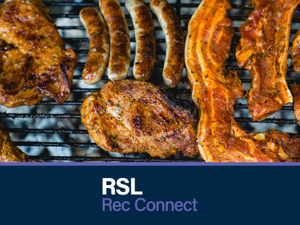 Meat on a grill with the RSL Rec Connect logo