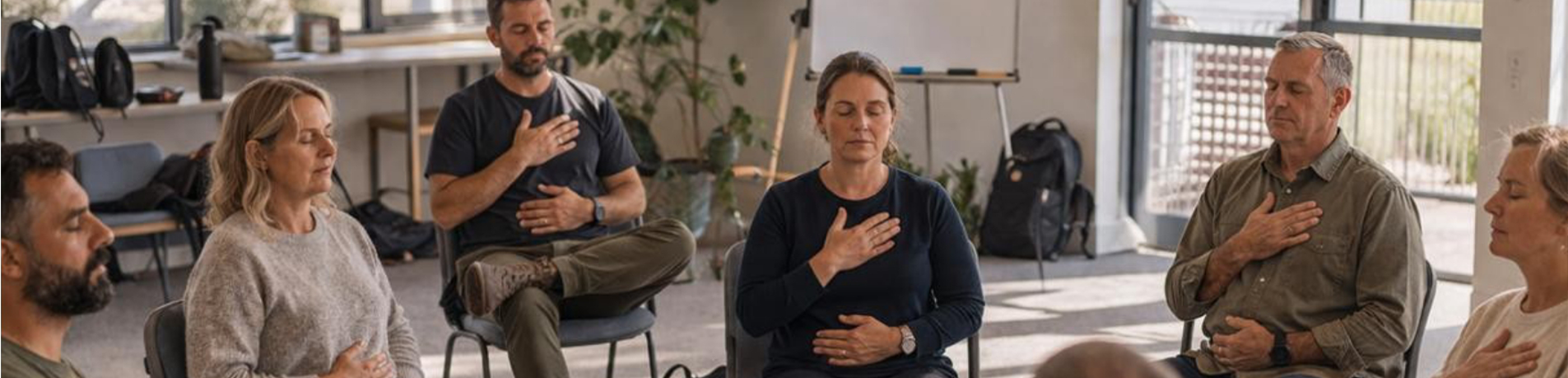 People sitting on chairs doing a breathing exercise with their eyes shut and hands on heart and stomach. 