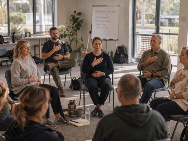 People sitting around a circle doing breath work