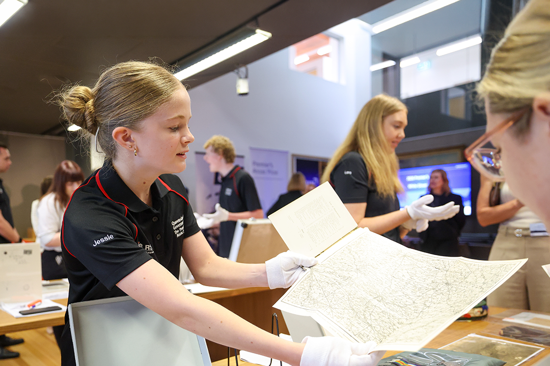 Jessie with a map of the Western Front at the Young Historians' Workshop