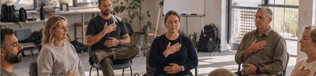 People sitting on chairs doing a breathing exercise with their eyes shut and hands on heart and stomach.