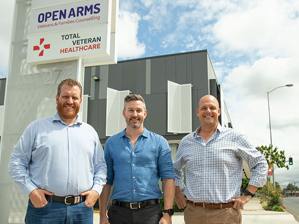 Josh Hall, Total Veteran Healthcare Owner and CEO, Joel Tunstall, Total Veteran Healthcare Chief Commercial Officer, and Troy Watson, RSL Queensland Deputy CEO – Veteran Services 