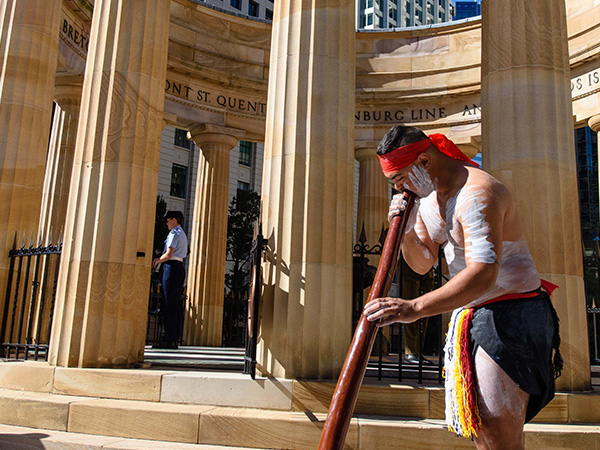 Didgeridoo player at Indigenous Veterans' Ceremony, Brisbane
